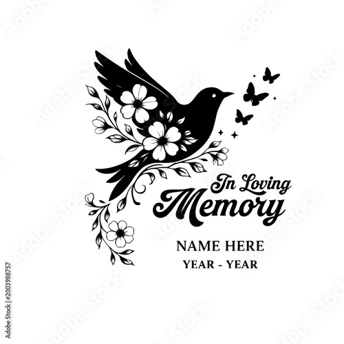 In Loving Memory Dove Floral SVG File, Memorial Bird Butterfly Name Date Tribute Vector Design