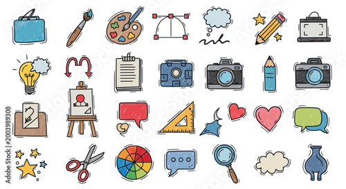 Creative Icons Set: Art, Design, Ideas, and Photography - Hand Drawn Style