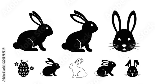 Easter Bunny Icons Set, Rabbit Silhouettes, Egg Graphics