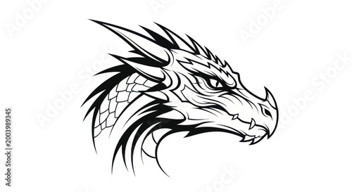 Fierce Dragon Head, Mythical Creature, Fantasy Art, Tattoo Design, Black and White