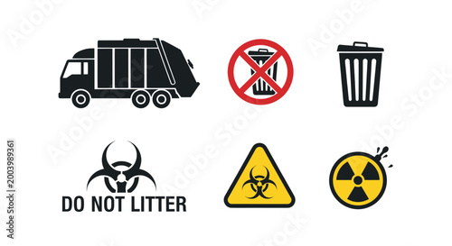 Garbage Truck, Trash Can, Biohazard, Radiation, Do Not Litter Icons Set