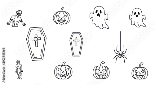Halloween Doodle Icons: Pumpkin, Ghost, Zombie, Coffin, Spider - White Background