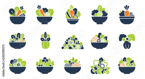 Healthy Salad Icons: Fresh Vegetables in Bowls, Vibrant Colors, Flat Design