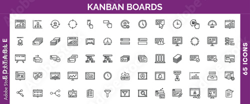 Kanban Boards Icons, 65 editable vector line icons for project management and workflow visualization. Agile development and business process symbols, perfect for presentations and web design.