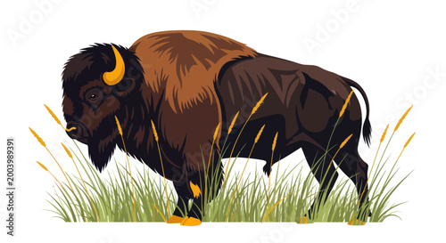 Majestic Bison Standing in Tall Grass, Wild Animal Illustration