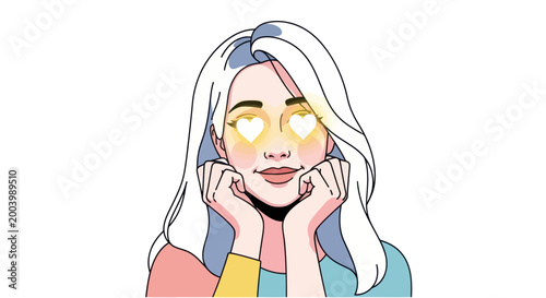 Young Woman with Heart Eyes, Feeling Love and Affection, Bright and Cheerful