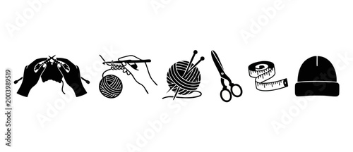 Knitting and Crochet Icon Set - Handiwork Craft Tools and Accessories Vector Collection for Needlework Projects, Hobbies, DIY Fashion Design and Apparel Manufacturing Elements in Black and White Silho