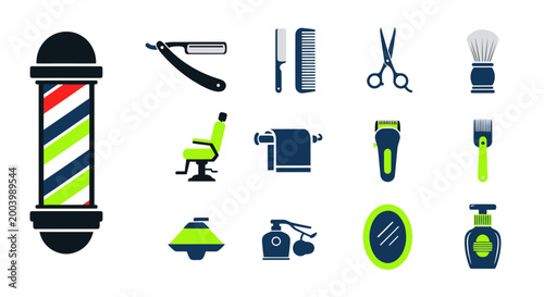 Barber Shop Icon Set: Tools, Chair, Pole, and Accessories
