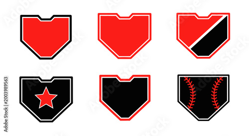 Baseball Home Plate Icons Set: Red, Black, Star, Stripes, Baseball Stitching