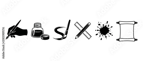 Writing and Drawing Tools Icons Set for Creative Design Projects, Artistic Stationery Symbols with Fountain Pen, Ink Bottle, Paintbrush, Pencil, Ruler, Ink Splatter and Blank Parchment Scroll Vector