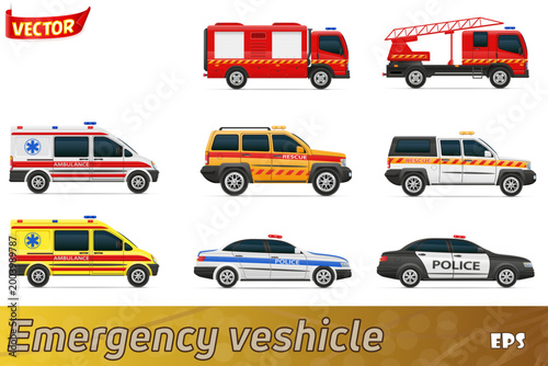 vehicles of various emergency and rescue services car set icons vector illustration