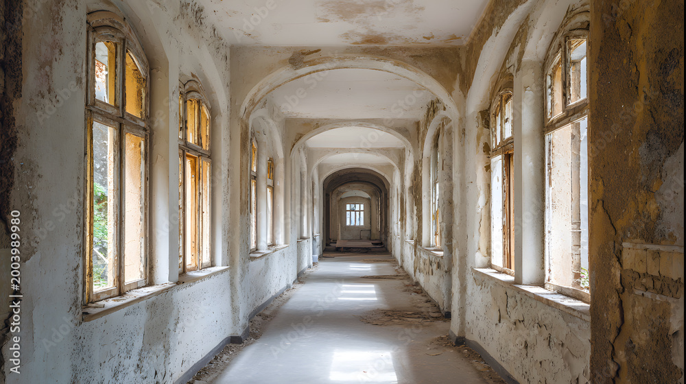 Obraz premium Abandoned corridor with arched windows and peeling walls