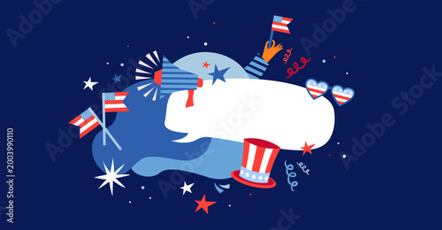 Happy Independence day america 250. poster with abstract geometric carnival banner with hats, flags and party accessories. Modern design