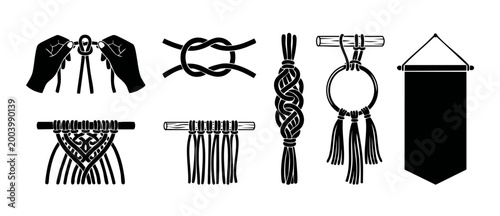 Macrame knot set, handmade rope craft techniques and wall hanging design elements, black silhouette icons, fiber art collection for DIY projects, hobby, home decor, textile texture, weaving patterns.