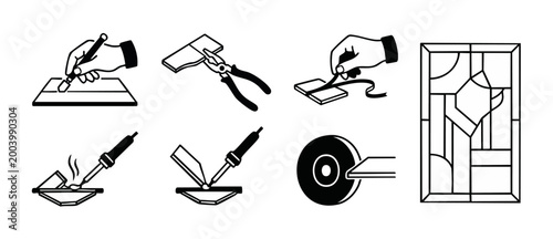 Stained Glass Making Process Icons Set, Manual Craftsmanship and Tools for Artisan Glasswork Projects, Professional Vector Illustrations for Workshop Instruction, Manual Labor, and Creative DIY Hobbie