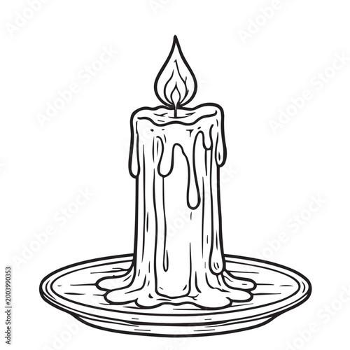 Vector art of a burning candle with melting wax, drawn in clean outline style for coloring, featuring soft drips, gentle flame motion, and simple calming decorative detail.