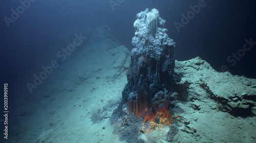 Abyssal hydrothermal vent glowing in deep ocean