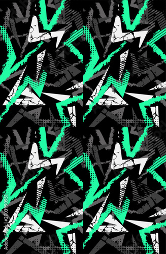Dynamic black and green jersey background featuring grunge textures and bold zigzag patterns