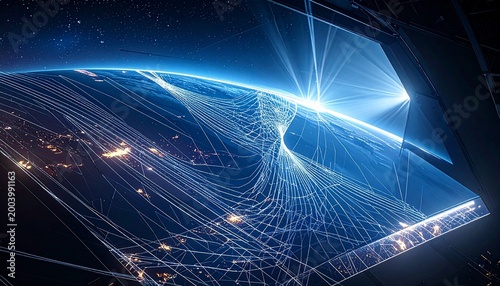 Abstract digital world with glowing lines and earth in space background