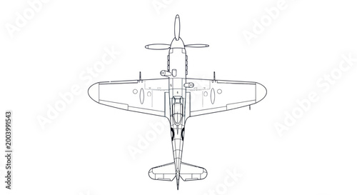 Vintage Fighter Plane Blueprint Drawing - Top View