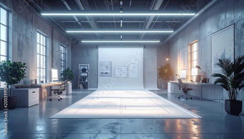 Modern studio interior with minimalist design and bright overhead lighting