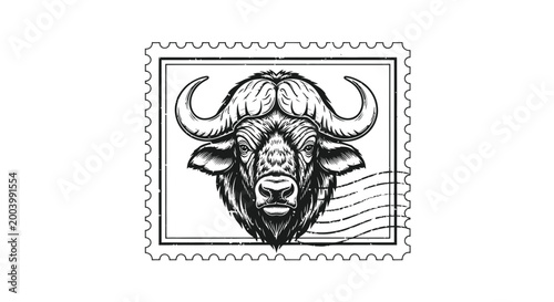 African Buffalo Head Stamp Illustration - Vintage Wild Animal Portrait