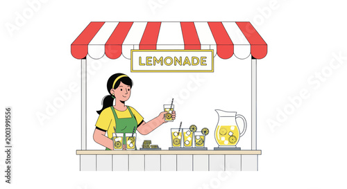 Young girl serving fresh lemonade at a street stand, summer refreshment, flat illustration