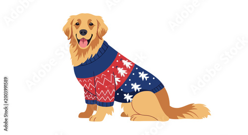 Golden Retriever Dog Wearing Festive Christmas Sweater, Isolated on White Background
