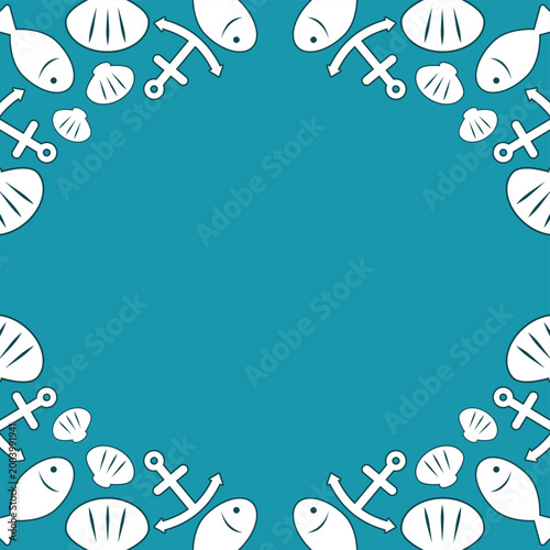 Nautical Sea Life Border With Anchors, Shells and Fish on Teal Summer Background