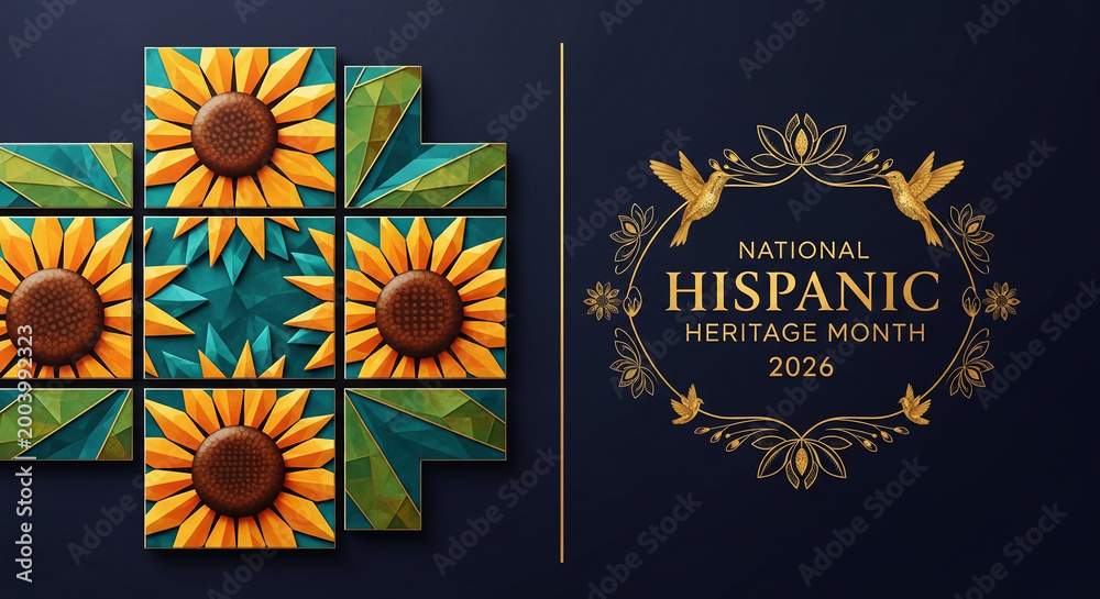 Naklejka premium Geometric sunflower mosaic and golden ornate frame with hummingbirds, representing National Hispanic Heritage Month, suitable for festive or cultural themes
