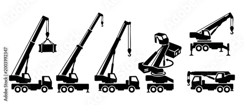 Mobile Crane Icon Set, Construction Heavy Machinery Silhouette Collection, Industrial Lifting Equipment Vector Graphics for Building Sites, Logistics, Transport, and Infrastructure Development Project