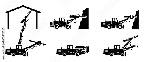 Drilling Rig Machine Icon Set for Mining and Construction Industry. Heavy industrial machinery equipment silhouettes showing various drilling angles, positions and tunnel excavation work processes iso