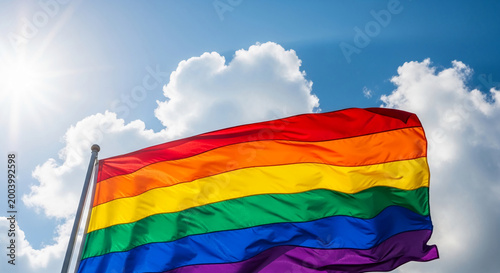 Waving rainbow flag against a blue sky with white clouds and sun flares, symbolizing pride, diversity, and equality for LGBTQ+ community