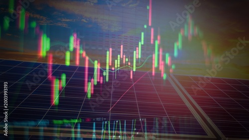 Принти на полотні Solar Panels Background with Financial Stock Market Graph Overlaid Green Energy Investment and Trading Concept