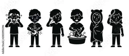 Kids Daily Routine Hygiene Icons Set, Children Personal Care Activities, Washing Hands Face Bathing Dressing Up, Cute Flat Black Vector Illustration for Educational Posters, Child Health Habits Graphi