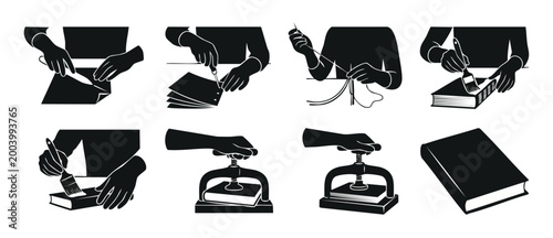 Bookbinding Process Icons Set, Professional Manual Book Repairing Steps for Publishing Crafts, Vintage Traditional Library Restoration Techniques Isolated on White Background for Graphic Design Projec