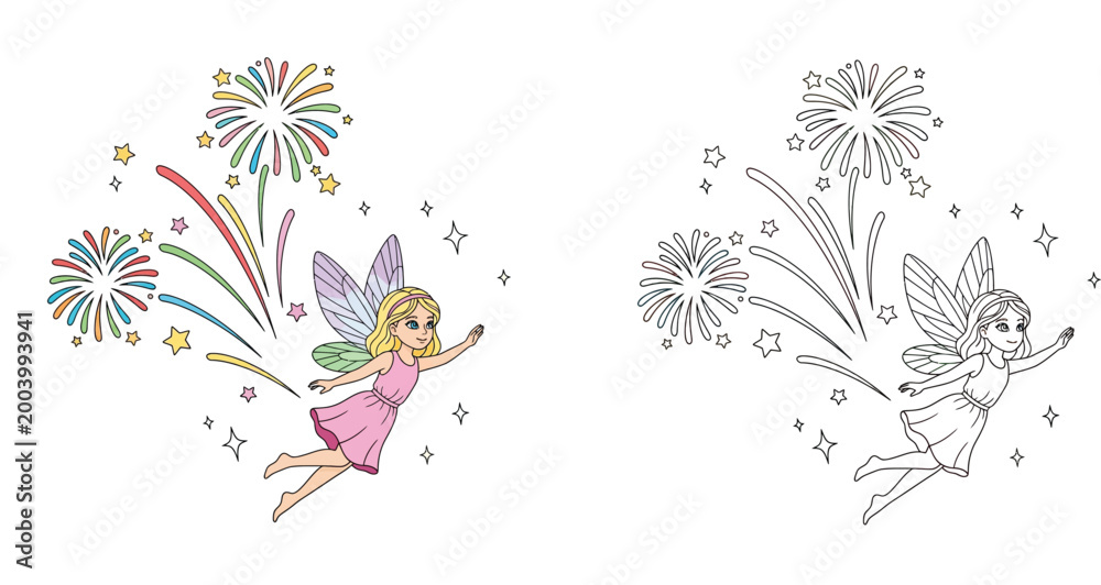 Obraz premium Cute Fairy Flying with Fireworks Coloring Page Vector Illustration