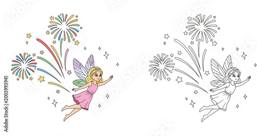 Cute Fairy Flying with Fireworks Coloring Page Vector Illustration