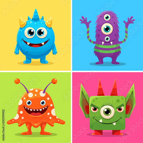 Colorful monsters with big eyes and cheerful personalities