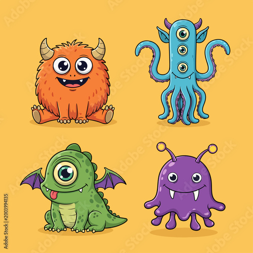 Colorful monsters with playful shapes and friendly expressions