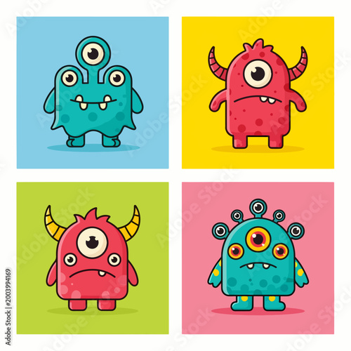 Cute fantasy creatures with bright bodies and happy moods