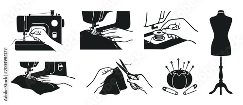 Sewing Icons Set Flat Design, Tailoring Tools and Dressmaker Equipment for Fashion Studio Vector Illustration Collection, Crafting and Clothing Repair Graphic Elements for Hobbyists and Professional T