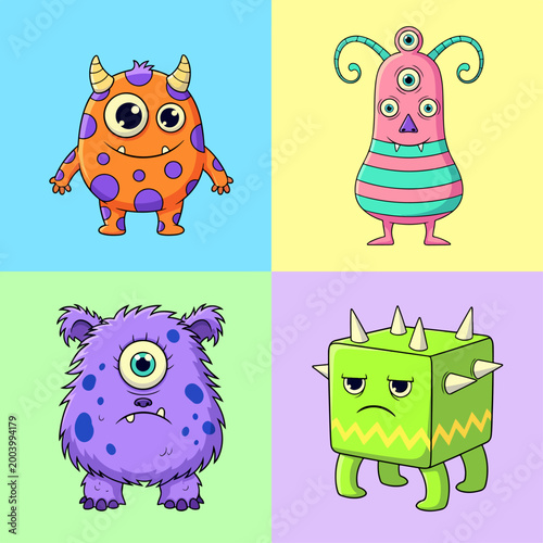 Cute fantasy monsters with colorful bodies and joyful expressions