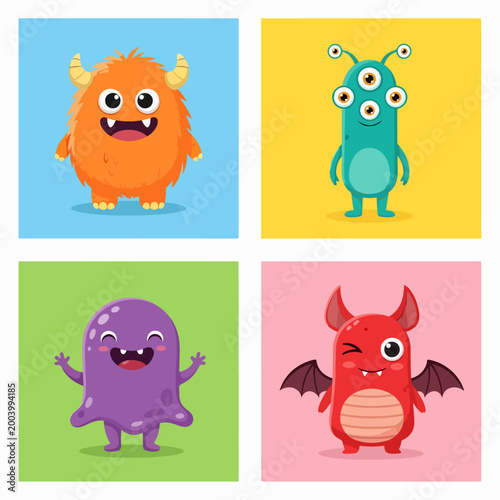 Cute monster characters with joyful expressions and colorful designs