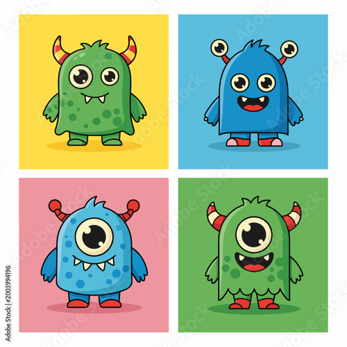 Cute monster friends with joyful expressions and bright colors