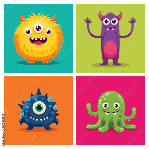 Funny cartoon creatures with colorful bodies and happy expressions
