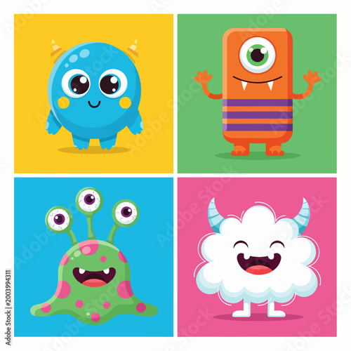 Funny creatures with cheerful faces and colorful playful designs