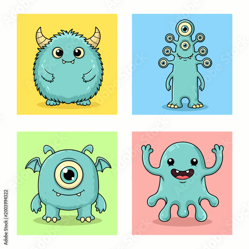 Funny cartoon creatures with cheerful moods and bright designs