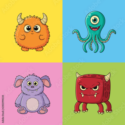 Funny little creatures with bright colors and playful expressions