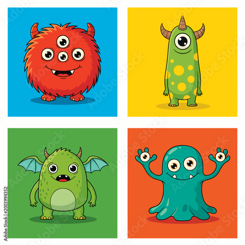 Funny monsters with simple shapes and bright happy colors